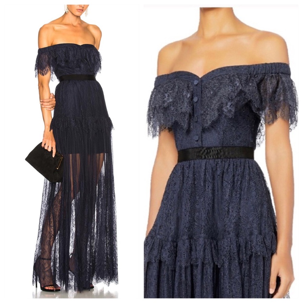 Self-Portrait Off Shoulder Fine Lace Maxi Dress